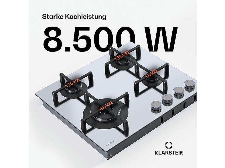 Placa de gas - Klarstein Illuminosa 4, 4 zonas, Países Bajos y Bélgica, 59,1 cm, Inox