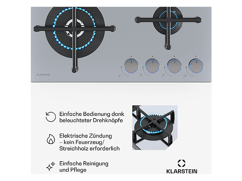 Placa de gas - Klarstein Illuminosa 4, 4 zonas, Países Bajos y Bélgica, 59,1 cm, Inox