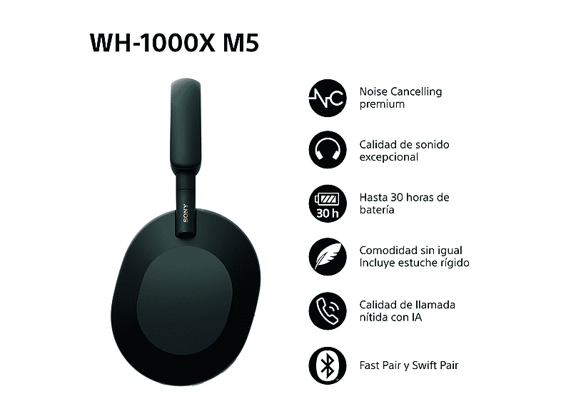 Auriculares inalámbricos - Sony WH-1000XM5B, Estuche rígido, Cancelación ruido, 30h, Hi-Res, Carga Rápida, Llamada Nítida, Bluetooth, Diadema, Negro