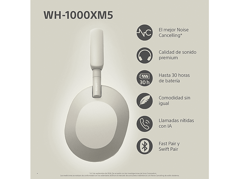 Auriculares inalámbricos - Sony WH-1000XM5S, Cancelación ruido (Noise Cancelling), 30h, Hi-Res, Carga Rápida, Con Asistente, Bluetooth, Diadema, Plata