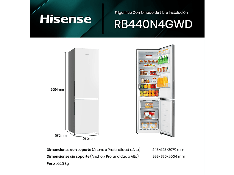 Frigorífico combi - Hisense RB440N4GWD, No Frost, 200.4 cm, 336 l, Multi Airflow, Cristal Blanco