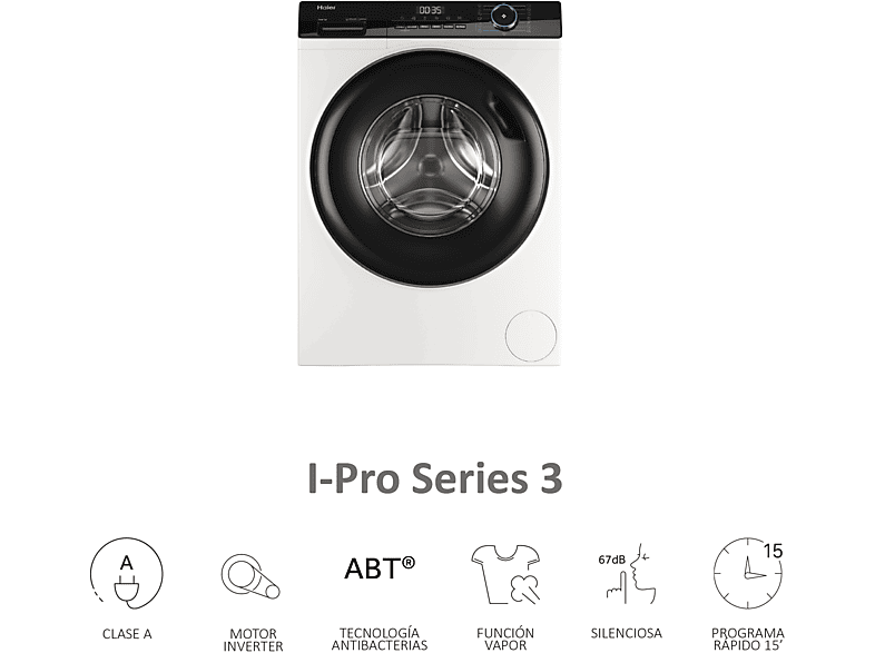 Lavadora carga frontal - Haier I-Pro Series 3 HW90-BP14939-S, 9kg, 1400rpm, Función Vapor, Motor Inverter BPM, Antibacterias, Blanco