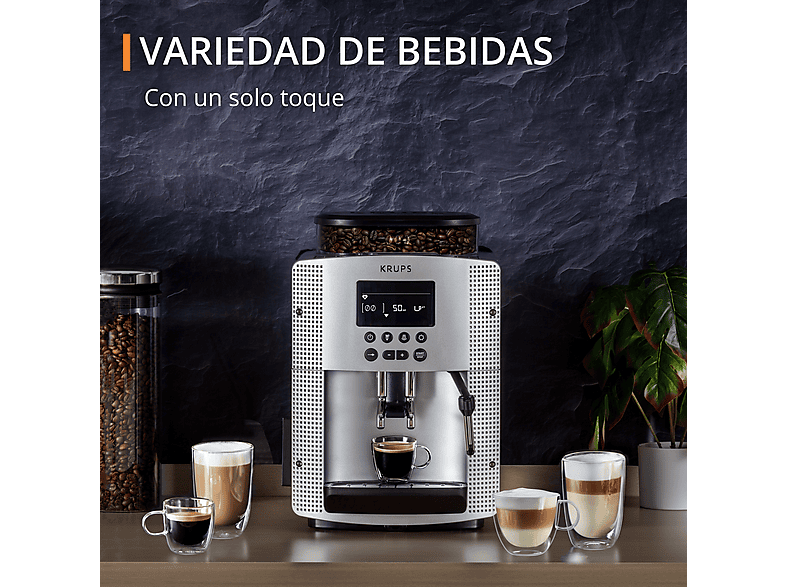 Cafetera superautomática - Krups Essential EA815E70, 1450 W, 15 bar, 1.7 L, 3 temp., Sistema Thermoblock, Molinillo integrado, 2 tazas, Plateado