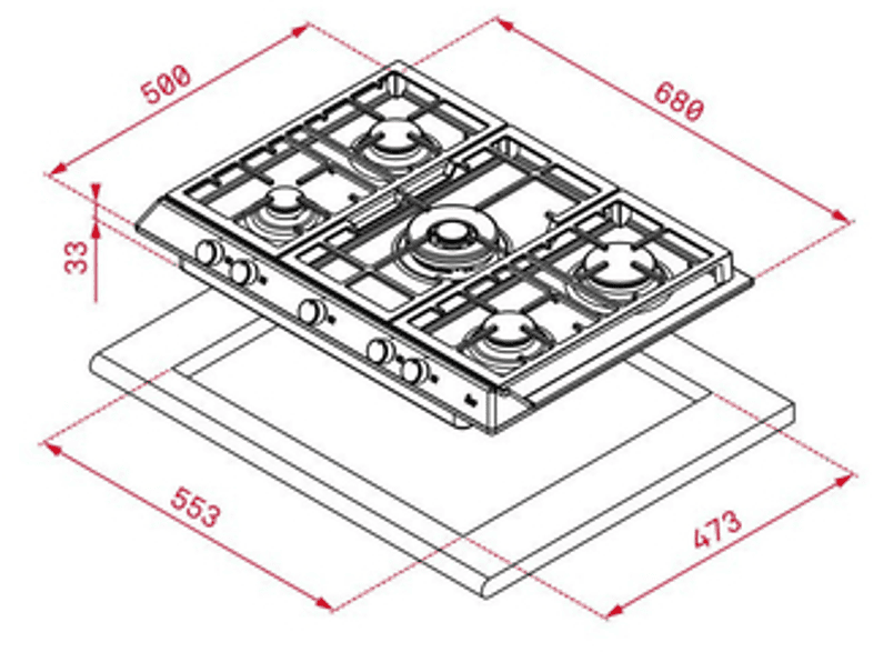 Placa de gas - Teka EX 70.1 5G AI AL DR CI, 5 zonas, Gas butano, 68 cm, Acero inoxidable