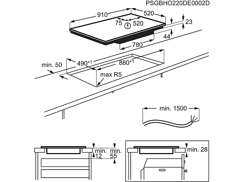 Placa inducción - Electrolux EIV95550, 5 zonas, Zona grande 28 cm, Biselada, 90 cm, Negro