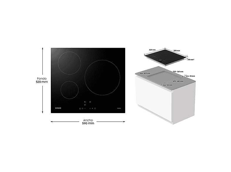 Placa inducción - Samsung NZ63M3NM1BB/UR, 3 zonas, 28cm, Power Boost, 59cm, Negro