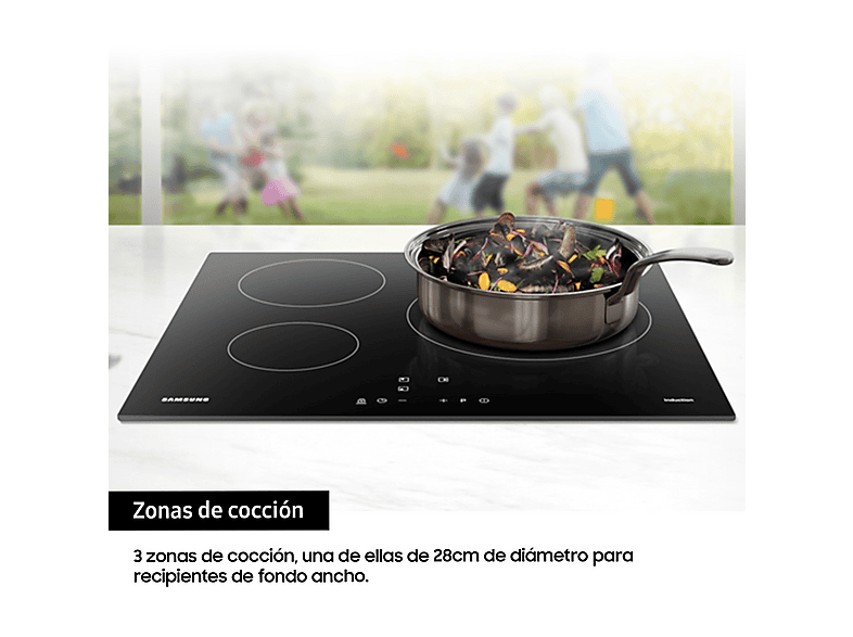 Placa inducción - Samsung NZ63M3NM1BB/UR, 3 zonas, 28cm, Power Boost, 59cm, Negro