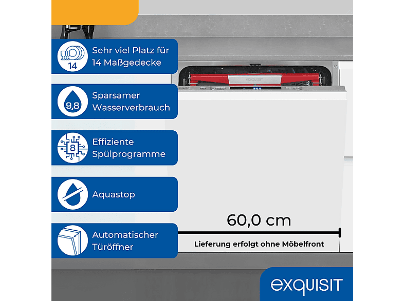 Lavavajillas integrable 60 cm - Exquisit EGSP9614-E-031B, 14 servicios, 8 programas, 598 mm, No aplicable