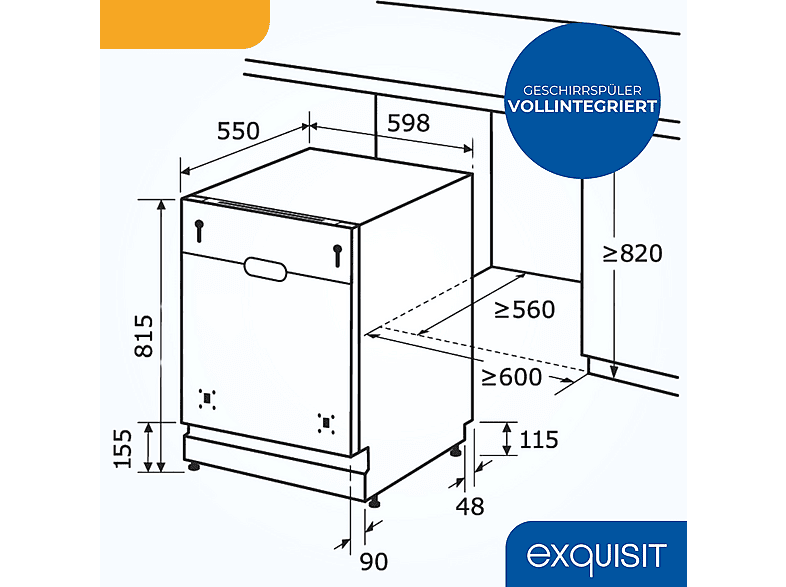 Lavavajillas integrable 60 cm - Exquisit EGSP9614-E-031B, 14 servicios, 8 programas, 598 mm, No aplicable