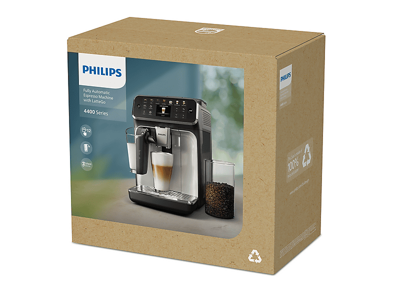 Máquina espresso - Philips EP4449/70, 15 bar, 230 W, 0,26 l, 2 tazas, Negro, Plata