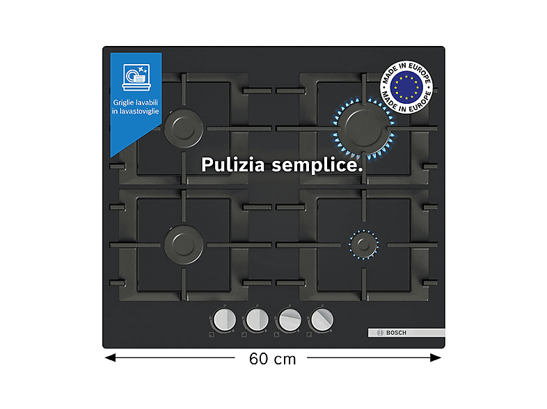Encimera de gas - Bosch PNP6B6K40, 4 zone(s) zonas, 59 cm, Negro