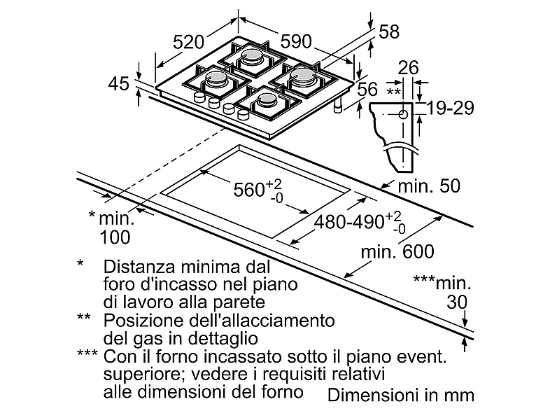 Encimera de gas - Bosch PNP6B6K40, 4 zone(s) zonas, 59 cm, Negro