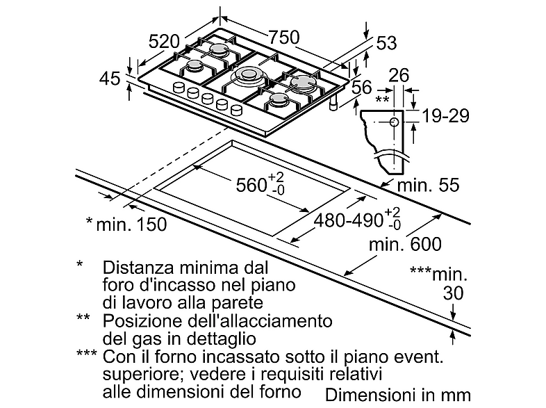 Encimera de gas - Bosch PGQ7B5K90, 5 zone(s) zonas, 75 cm, Acero inoxidable