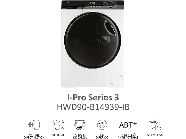 Lavadora secadora - Haier I-Pro Series 3 HWD90-B14939-IB, 9 kg+6 kg, 1400rpm, 15 programas, Motor Direct Motion, Vapor, Blanco