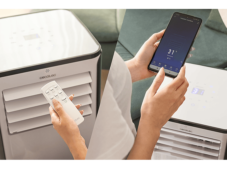 Aire acondicionado portátil - Cecotec ForceClima 9500 Soundless Heating Connected, 2268 fg/h, Bomba de calor, 5 modos, 3 veloc, Mando, Wi-Fi, Blanco