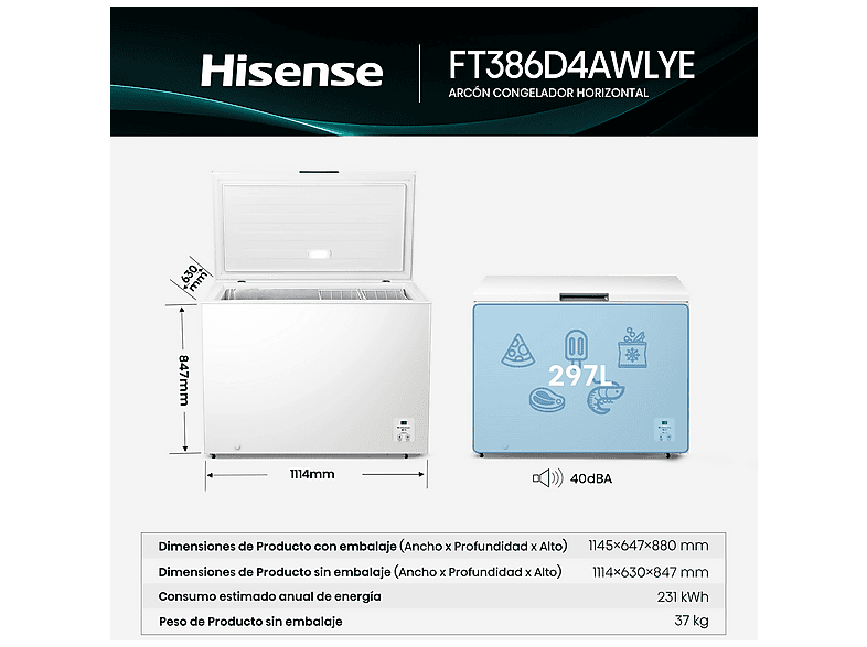 Congelador horizontal - Hisense FT386D4AWLYE, 84.7 cm, 297 l, Función Dual, Bordes suaves, Blanco