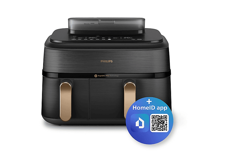 Freidora de aire - Philips 5000 series NA552/00, 2750 W, 9 l, Negro, Oro