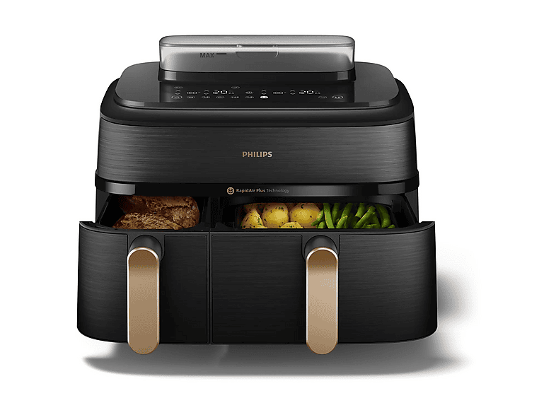 Freidora de aire - Philips 5000 series NA552/00, 2750 W, 9 l, Negro, Oro