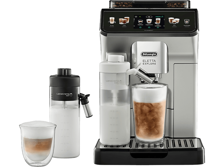 Cafetera superautomática - De Longhi, De'Longhi Eletta Explore Cold Brew ECAM450.65.S, 1450W, 19 bar, Molinillo integrado, Táctil, Plata