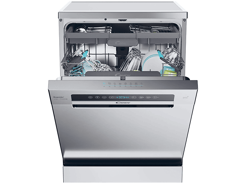 Lavavajillas - Candy Rapido' CF 5C7F1X, 15 servicios, 8 programas, Inicio Diferido, Motor Inverter, 60 cm, Conectividad Wi-Fi, Inox