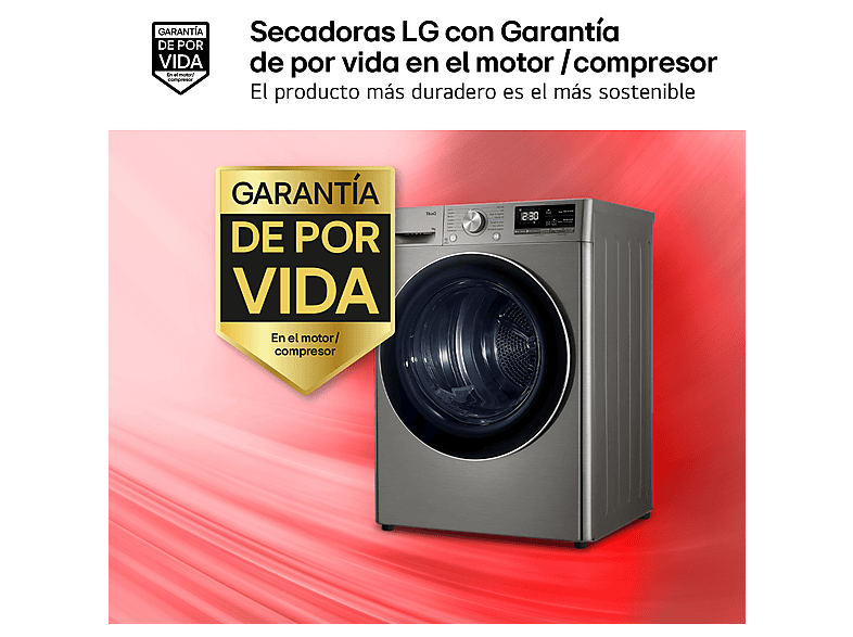 Secadora bomba de calor - LG RH90V9PV2N, Independiente, 9kg, 14 programas, Acero Inoxidable