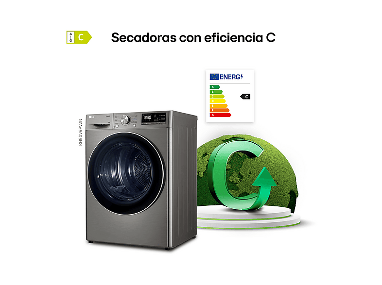 Secadora bomba de calor - LG RH90V9PV2N, Independiente, 9kg, 14 programas, Acero Inoxidable