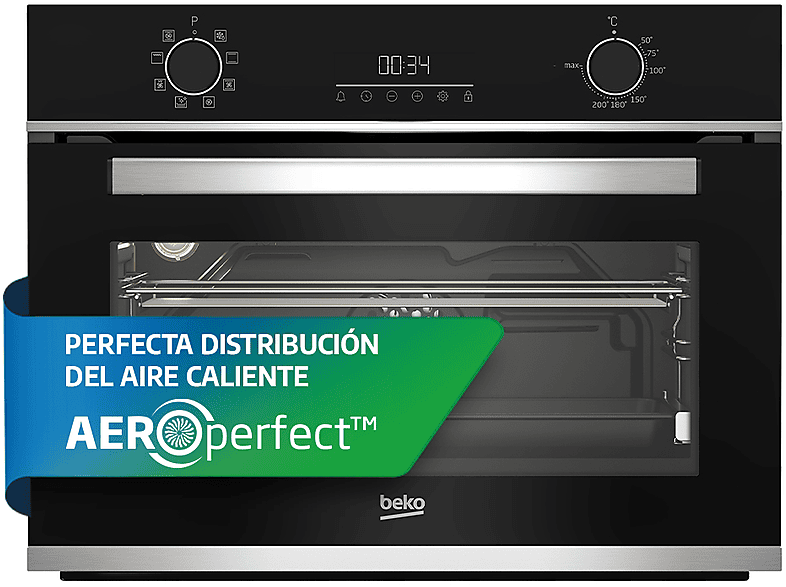 Horno compacto - Beko BBCM13300XC, Multifunción, Parcialmente catalítico, 48 l, 59.4 cm, Integrable, Negro