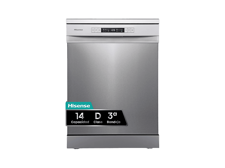 Lavavajillas - Hisense HS623D10X, 14 servicios, 7 programas, 60 cm, Media Carga, Tercera bandeja, Inox
