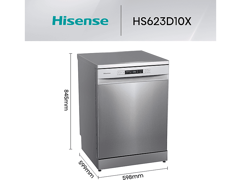 Lavavajillas - Hisense HS623D10X, 14 servicios, 7 programas, 60 cm, Media Carga, Tercera bandeja, Inox