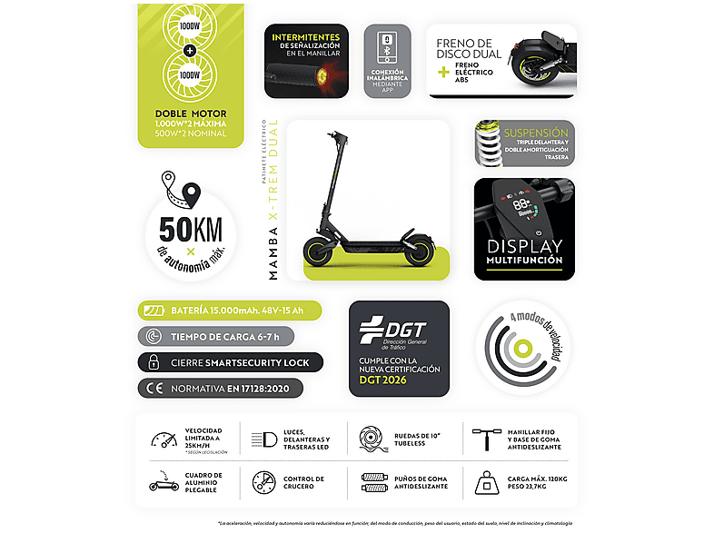 Patinete electrico - Olsson MAMBA X-TREM DUAL 50km Autonomía, Pot. máx. 2000 W, Carga máx. 120 kg, 15000 mAh, Negro