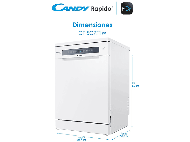 Lavavajillas - Candy Rapido' CF 5C7F1W, 15 servicios, 8 programas, Inicio Diferido, Motor Inverter, 60 cm, Conectividad Wi-Fi, Blanco