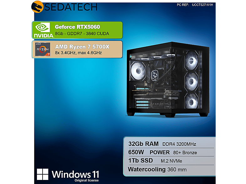 PC Gaming - Sedatech UCCT527I1I1HF, AMD Ryzen 7 5700X 8x 3.4Ghz (max 4.6Ghz), 32 GB RAM, 1000 GB SSD, GeForce RTX™ 5060, Windows 11, Negro