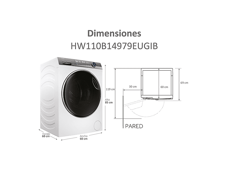Lavadora carga frontal - Haier I-Pro Series 7 Plus HW110B14979EUGIB, 11 kg, 1400 rpm, Motor Direct Motion, Clase A-30%, Función vapor, Wi-fi, Blanco