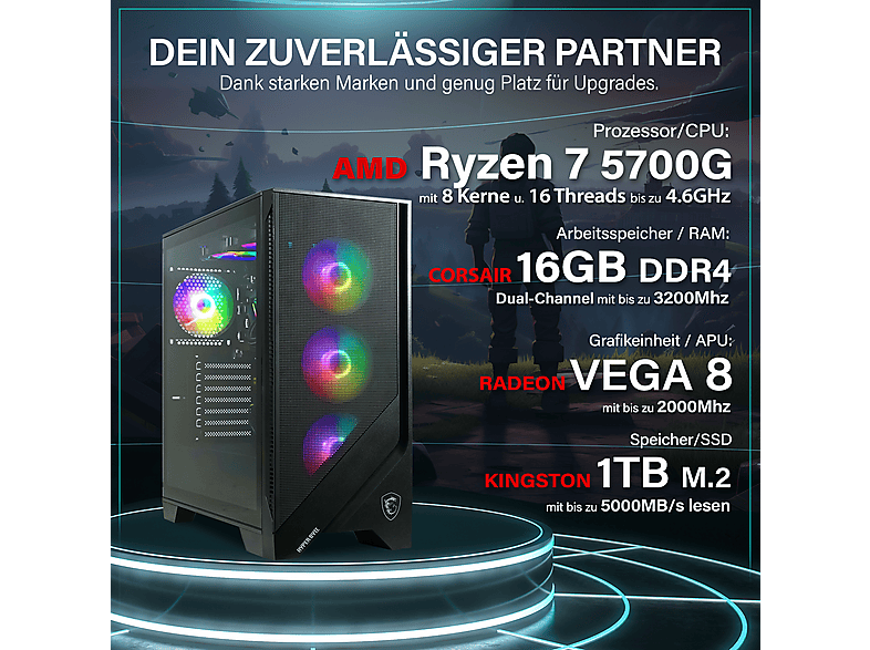 PC Gaming - Hyper Byte Gen2 4K Gaming, AMD Ryzen 7 5700G, 16 GB RAM, 1 TB SSD, Radeon™ RX Vega, Windows 11 Pro, Negro