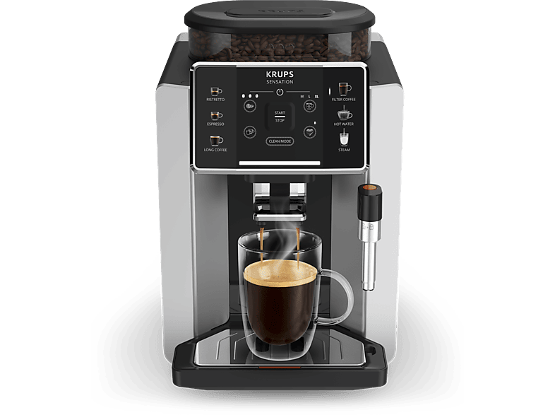 Cafetera superautomática - Krups Sensation C90 EA910E10, 1450 W, 15 bar, 1.7 L, 6 programas, 2 tazas, Barista Inside Technology, Autolimpieza, Plata