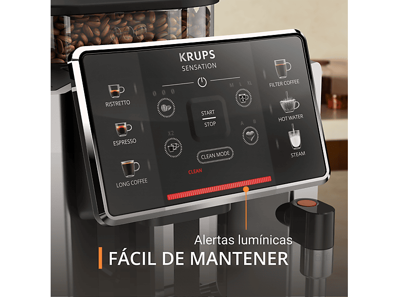 Cafetera superautomática - Krups Sensation C90 EA910E10, 1450 W, 15 bar, 1.7 L, 6 programas, 2 tazas, Barista Inside Technology, Autolimpieza, Plata