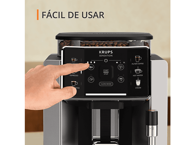 Cafetera superautomática - Krups Sensation C90 EA910E10, 1450 W, 15 bar, 1.7 L, 6 programas, 2 tazas, Barista Inside Technology, Autolimpieza, Plata
