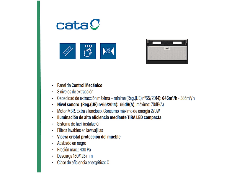 Campana grupo filtrante - Cata ARMONIA 60 BK /B, 6 velocidades, 645 m³/h, 59 cm, Inox