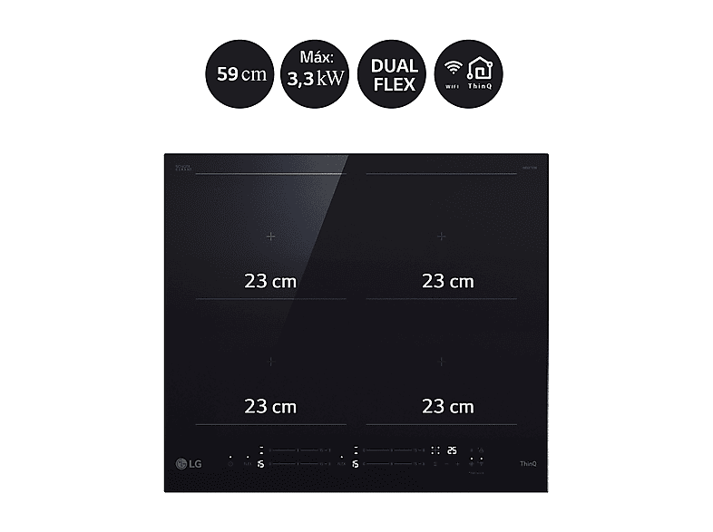 Placa inducción - LG CBIZ2437B, 4 Zonas, 2 Zonas Flex, 59 cm, Cristal Negro