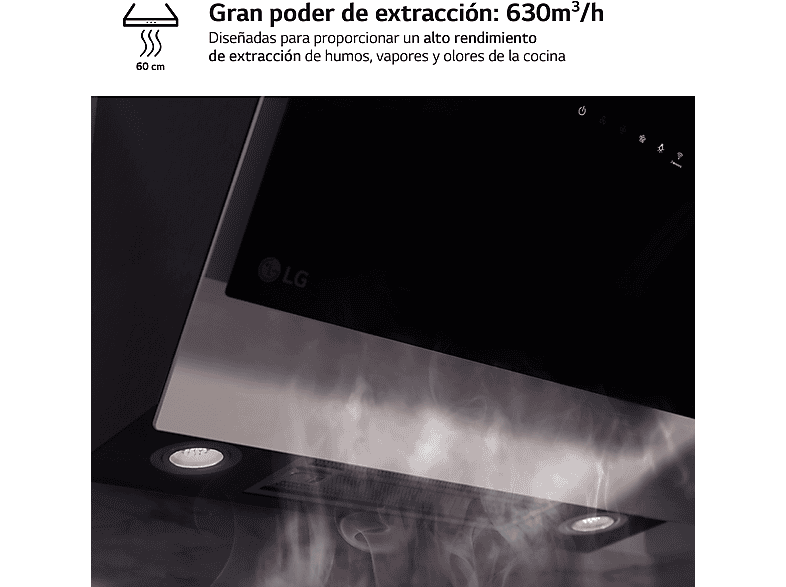 Campana decorativa - LG HCEZ2428B, 3 velocidades, 630  m³/h, 60 cm, Acero inoxidable y Cristal negro