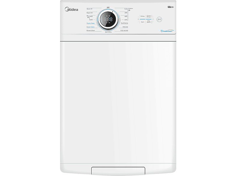 Lavadora carga superior - Midea MF100T70B/W-ES, 7 kg, 1200 rpm, 15 Programas, Monitor LED, Blanco