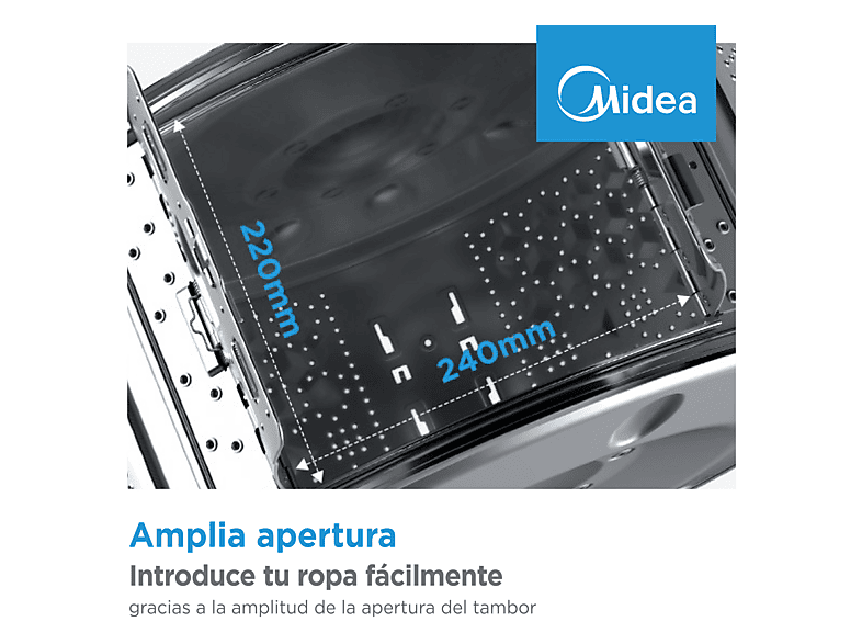 Lavadora carga superior - Midea MF100T70B/W-ES, 7 kg, 1200 rpm, 15 Programas, Monitor LED, Blanco