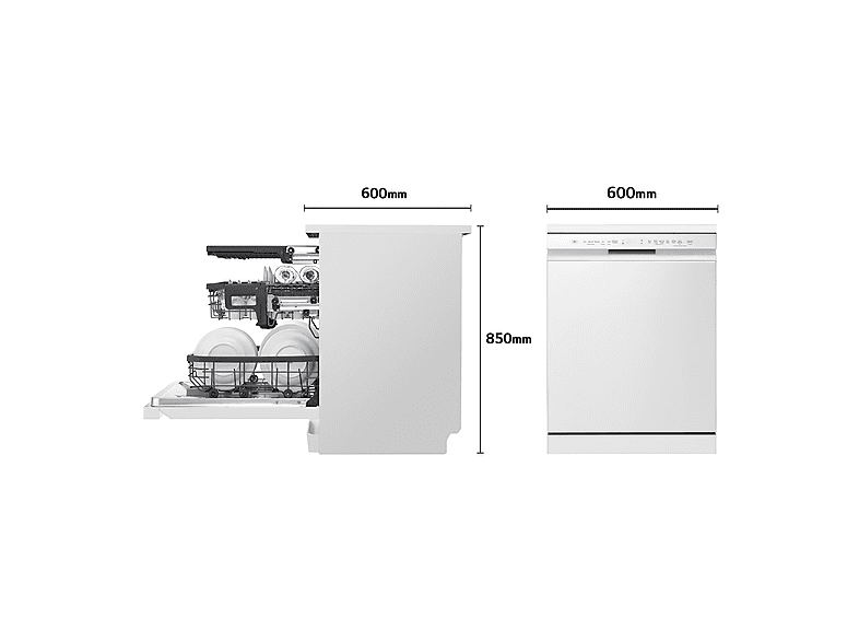 Lavavajillas - LG DF355FW, 14 servicios, 9 programas, 60 cm, LED táctil, Tercera bandeja, QuadWash™, ThinQ™, Blanco