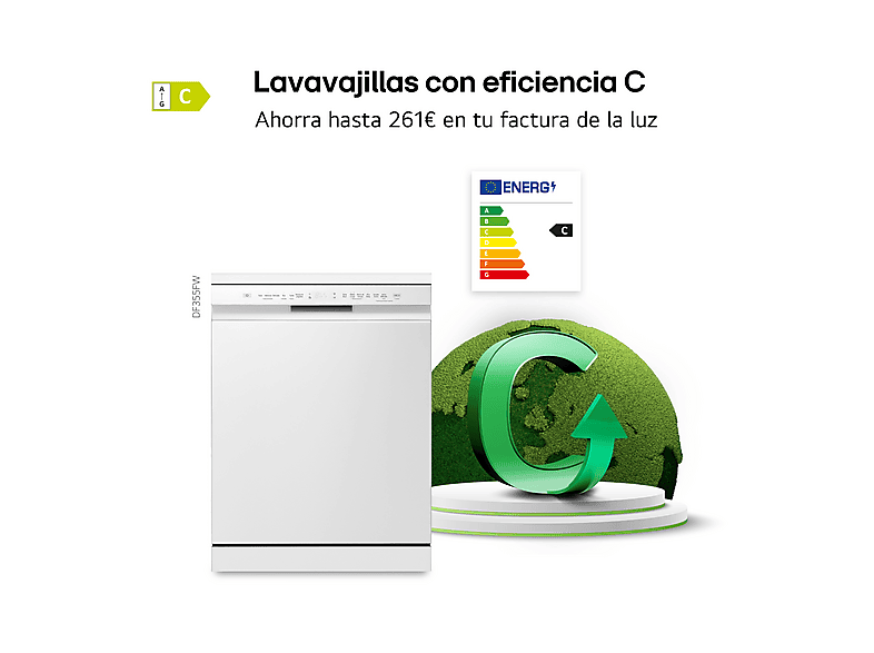 Lavavajillas - LG DF355FW, 14 servicios, 9 programas, 60 cm, LED táctil, Tercera bandeja, QuadWash™, ThinQ™, Blanco