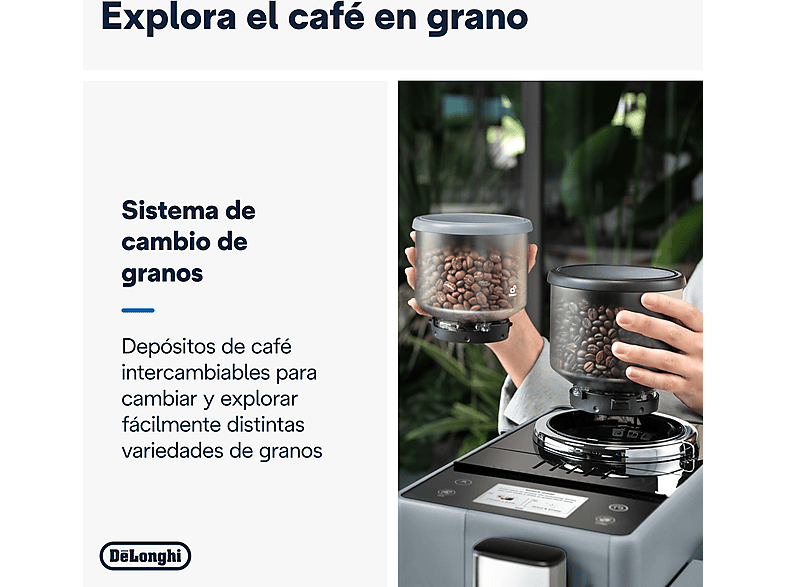 Cafetera superautomática - De Longhi, De'Longhi Rivelia EXAM440.55.G, 1450W, 19 bar, Molinillo integrado, LatteCremaHot, Depósito leche, Táctil, Gris