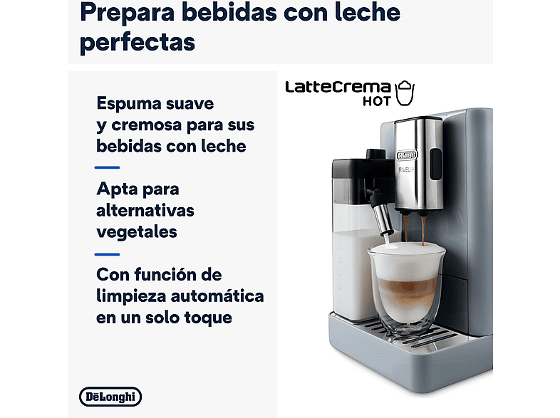 Cafetera superautomática - De Longhi, De'Longhi Rivelia EXAM440.55.G, 1450W, 19 bar, Molinillo integrado, LatteCremaHot, Depósito leche, Táctil, Gris