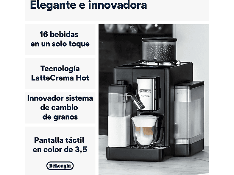 Cafetera superautomática - De Longhi, De'Longhi Rivelia EXAM440.55.B, 1450W, 19bar, Molinillo integrado, LatteCremaHot, Depósito leche, Táctil, Negro