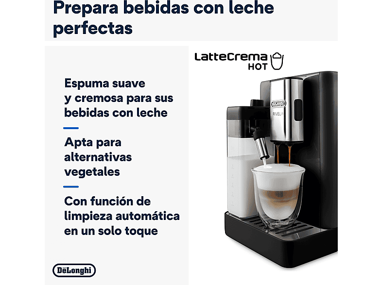 Cafetera superautomática - De Longhi, De'Longhi Rivelia EXAM440.55.B, 1450W, 19bar, Molinillo integrado, LatteCremaHot, Depósito leche, Táctil, Negro