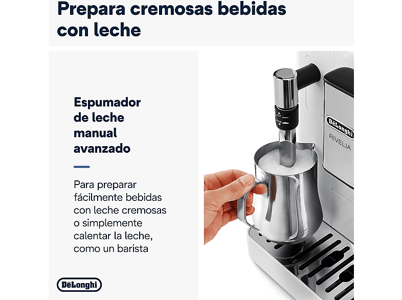 Cafetera superautomática - De Longhi, De'Longhi Rivelia EXAM440.35.W, 1450 W, 19 bar, Molinillo integrado, Espumador leche, Táctil, 4 perfiles, Blanco