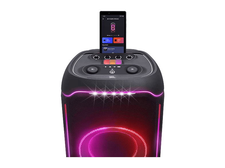 Altavoz de gran potencia - JBL PartyBox Ultimate, 1100W, Espectáculo luces, Bluetooth, WiFi, Asa y ruedas, Negro